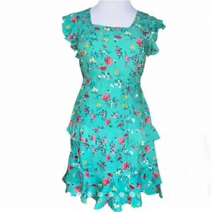 GREEN PINK FLORAL MINI DRESS SIZE XS TIERE…